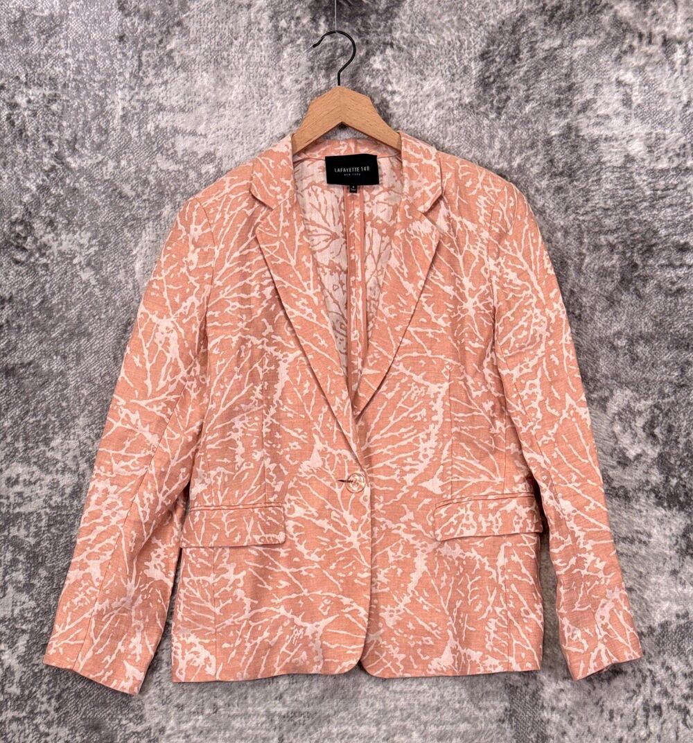 Lafayette 148 Jacket 8 Womens Lyndon Linen Jacquard Blazer Blush Pink
